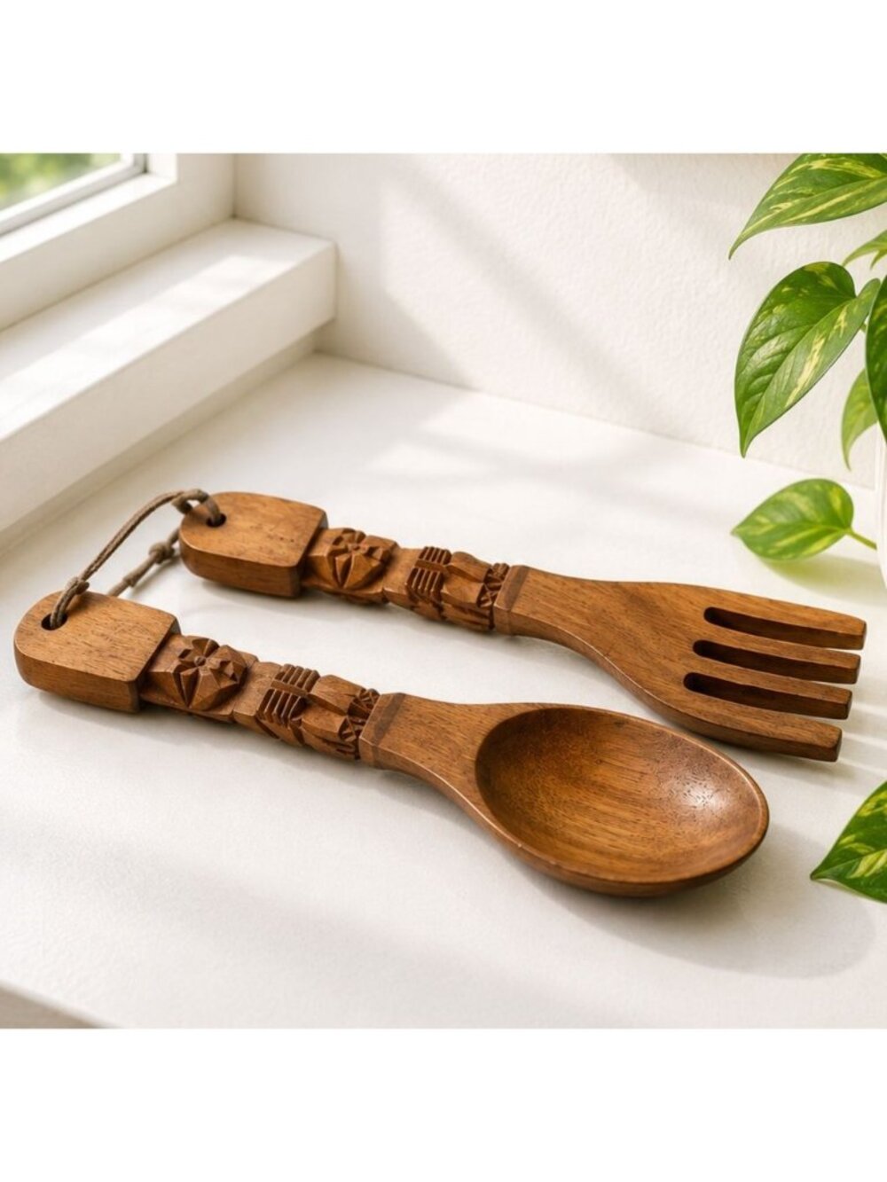 Vintage Hand-Carved Wooden Fork & Spoon Wall Decor Set With Tribal Motif 12 Inch
